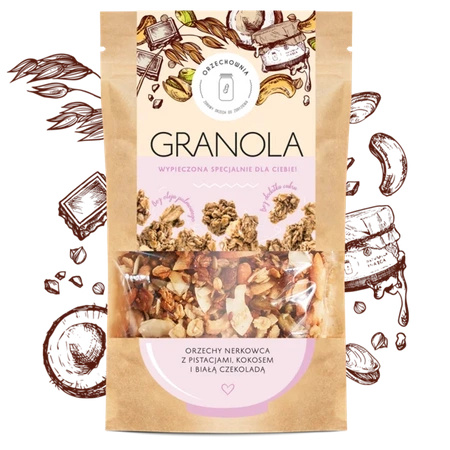 Granola orzechy nerkowca z pistacjami, kokosem i białą czekoladą